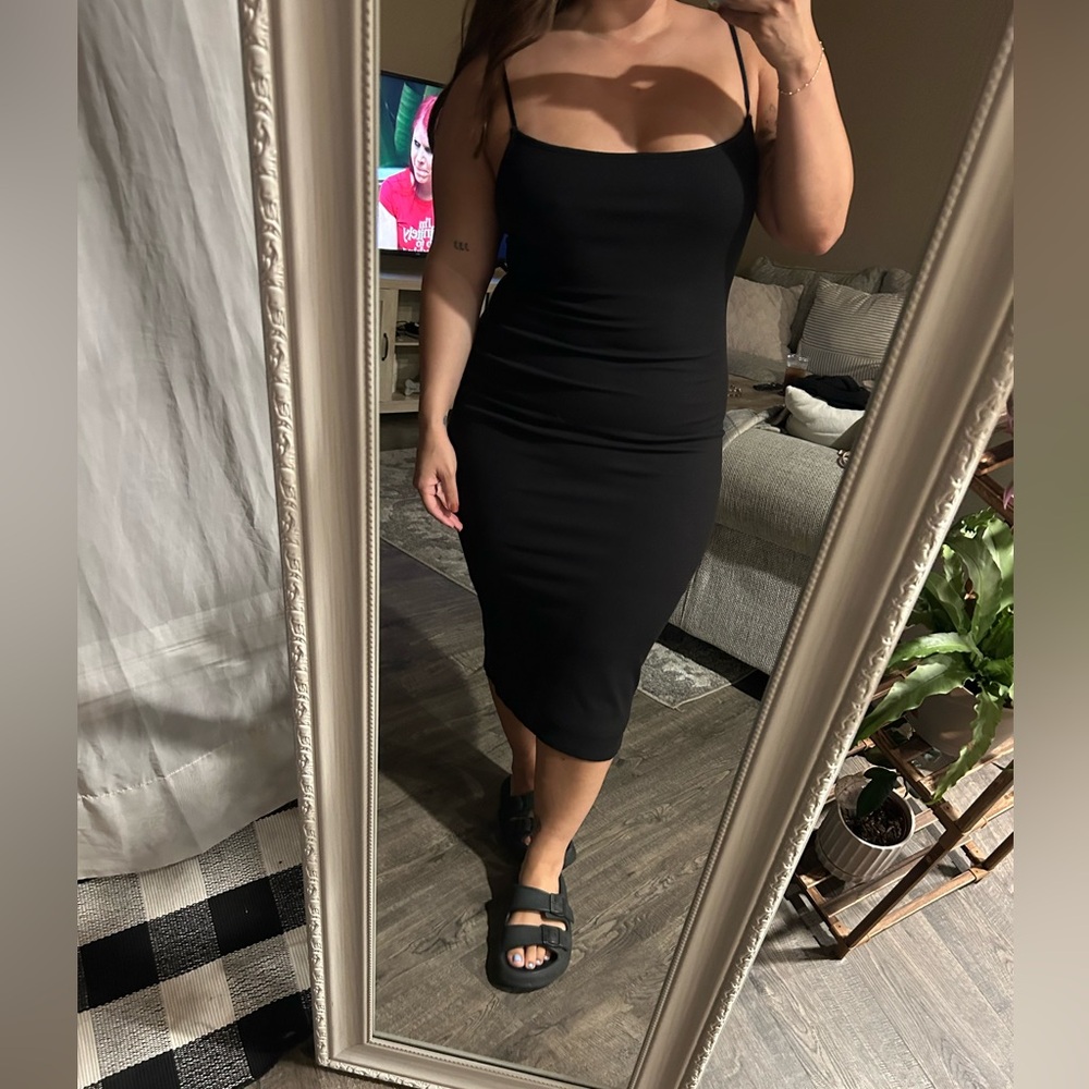 Black ribbed midi dress with spaghetti straps